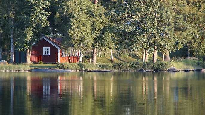 Foto av ett landskap. Längs ner i bild en sjö där landskapet bakom speglar sig i vattnet. Landskapet består av flera stora träda med gröna blad och en röd stuga med vitna knutar som syns mellan träden.