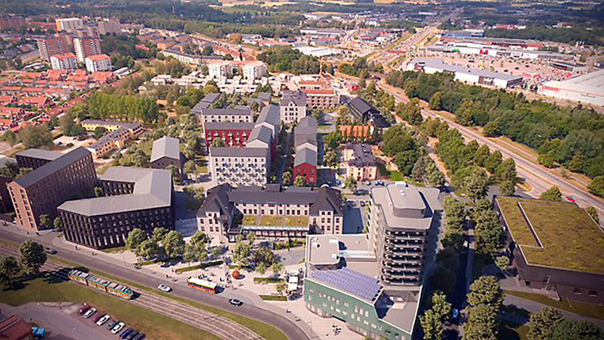 Översiktsbild över Sandbyhov där de nya byggnaderna har ritats in i bilden.