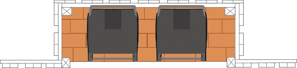 Illustration ovanifrån där två sopkärl stor bredvid varandra med staket runtomkring dem, förutom på framsidan där det är öppet. 