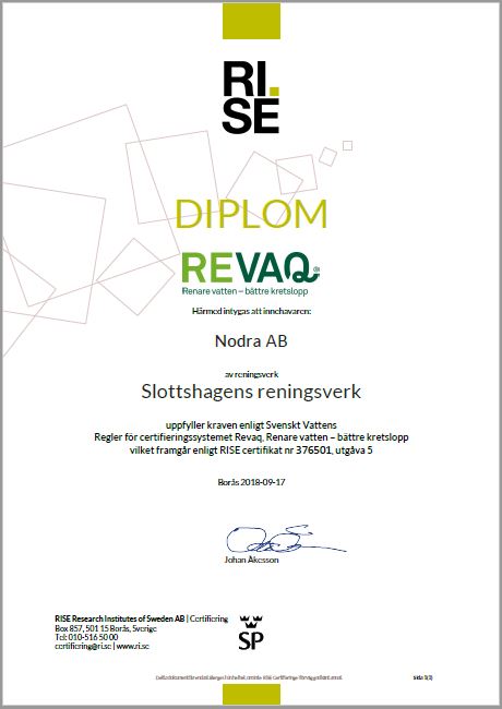 Diplom som visar att Nodra är Revac-certifierade