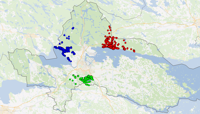 Karta över Norrköpings kommun med markerade platser där utställning av fyrfackskärl sker v.20