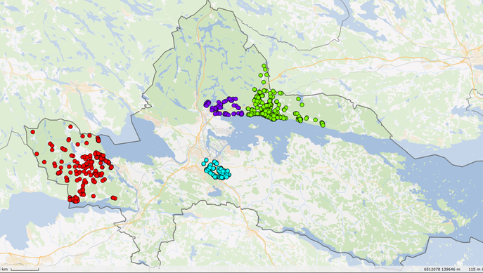 Karta över Norrköpings kommun med markerade platser där utställning av fyrfackskärl sker v.18. 