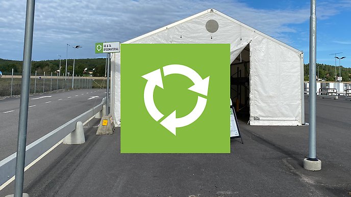Bild på Ge & Ta-tältet samt ikon för återbruk