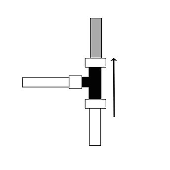 Svartvit illustration som visar vilket håll en tryckstötsdämpare ska sitta.