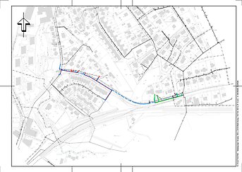 ritad karta över delar av Åby. Det planerade arbetet är markerat längst Nyköpingsvägen med olika färger som symboliserar olika händelser under arbetets gång.