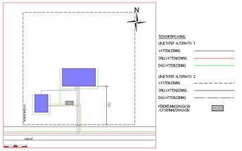 Skiss över anslutning av dagvatten från huvudbyggnad och garage. Bild 4