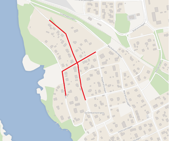 Illustrerad karta över en del av Skärblacka. Röda markeringar visar vilka vägar som påverkas av arbetet.