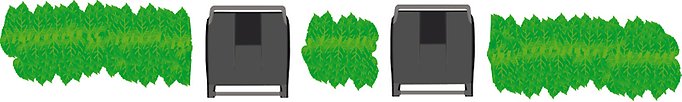 Illustration över två sopkärl som står med buskar mellan kärlen samt på varje sida om kärlen.